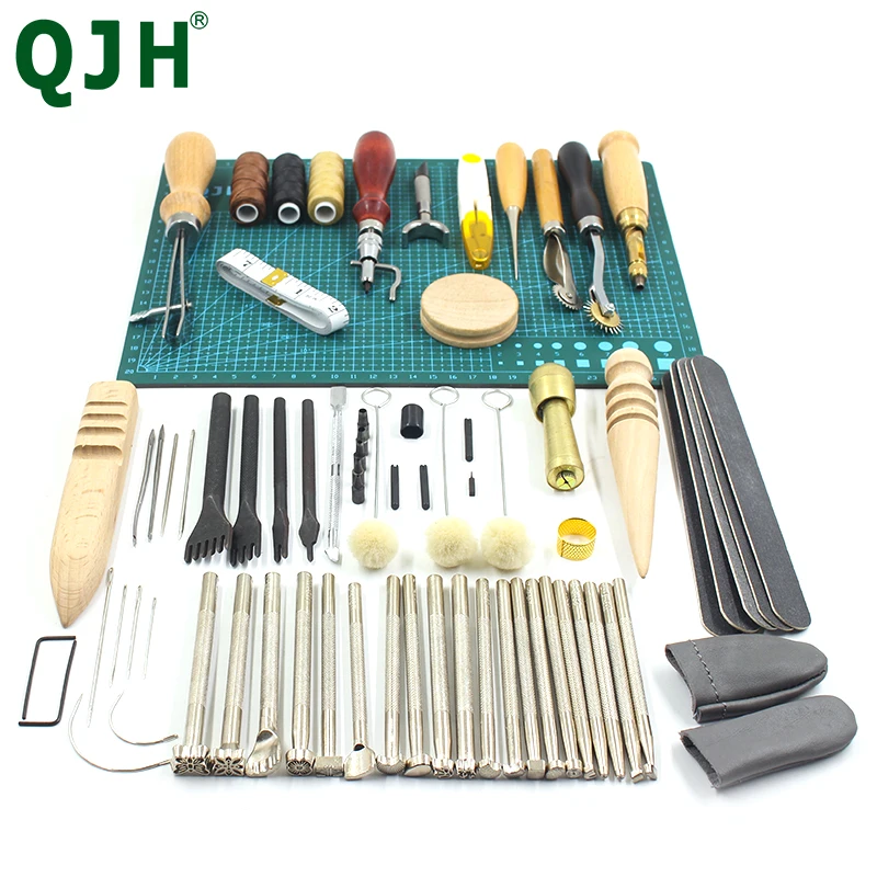 

54pcs Leather Professional Tool Set Leather Edge Groover Beech Polishing Rod Strap Hole Punching Awls Carving Stamping Kit