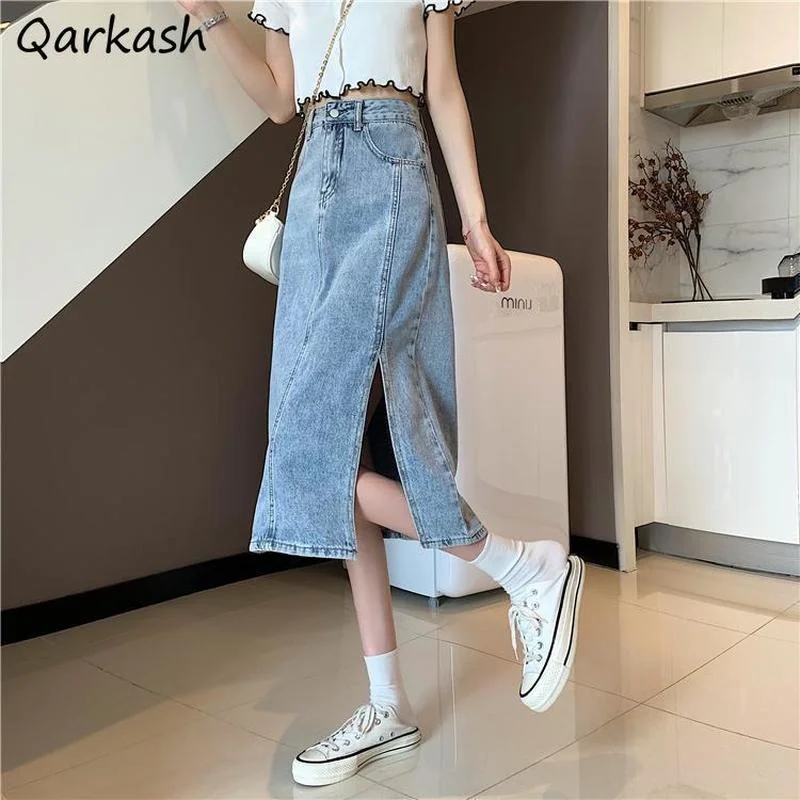 

Skirts Women Vintage Spring Daily Denim Slim Streetwear BF All-match Basic Mujer Simple Empire Pure Color Preppy Style Student