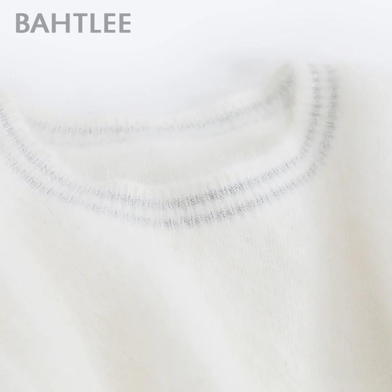 BAHTLEE-Women\'s Angora Wool Sweater, Knitted Jumper, Long Sleeves, O-Neck, Silver Wire Suit, Basic Style, Autumn, Winter