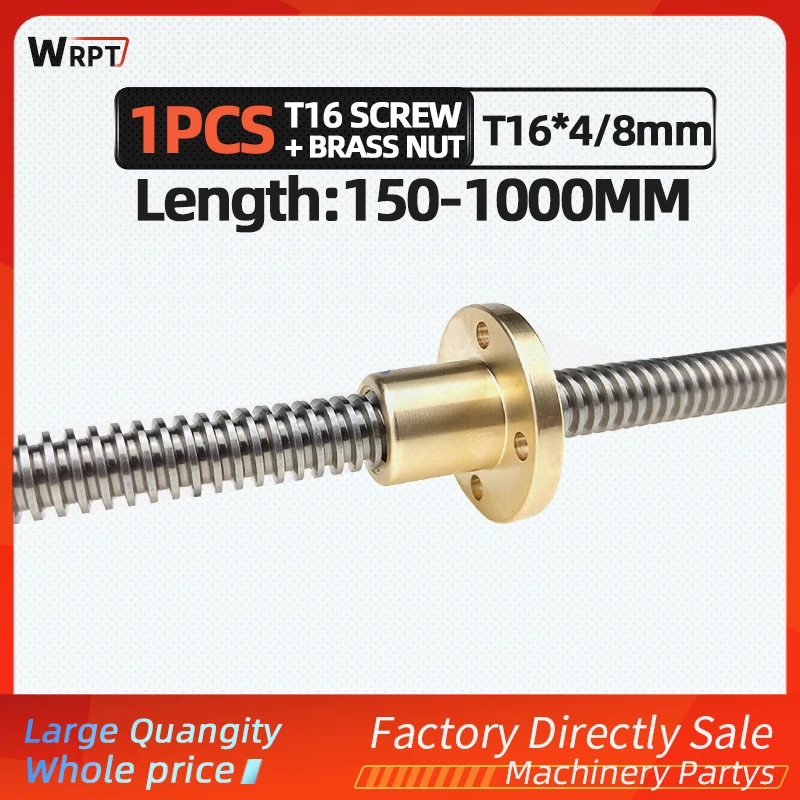 CNC 3D Printer 1PCS T16 Trapezoidal Rod Lead Screw Thread 16mm Lead 4/8mm With Brass Nut, L = 150MM-1000MM