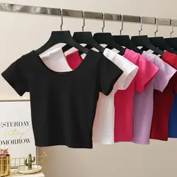 Top corto liso de 11 colores para mujer, camiseta recortada ajustada de cintura alta, manga corta, ropa básica de verano, camisetas para mujer, envío gratis