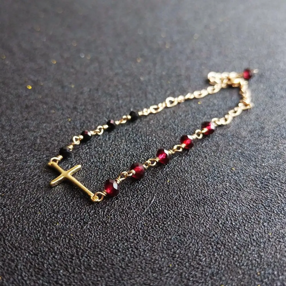 Lii Ji Genuine Garnet Black Spinel Bracelet 925 Sterling Silver Cross US14K GF Chain Bracelet Delicate Jewelry for New Year Gift