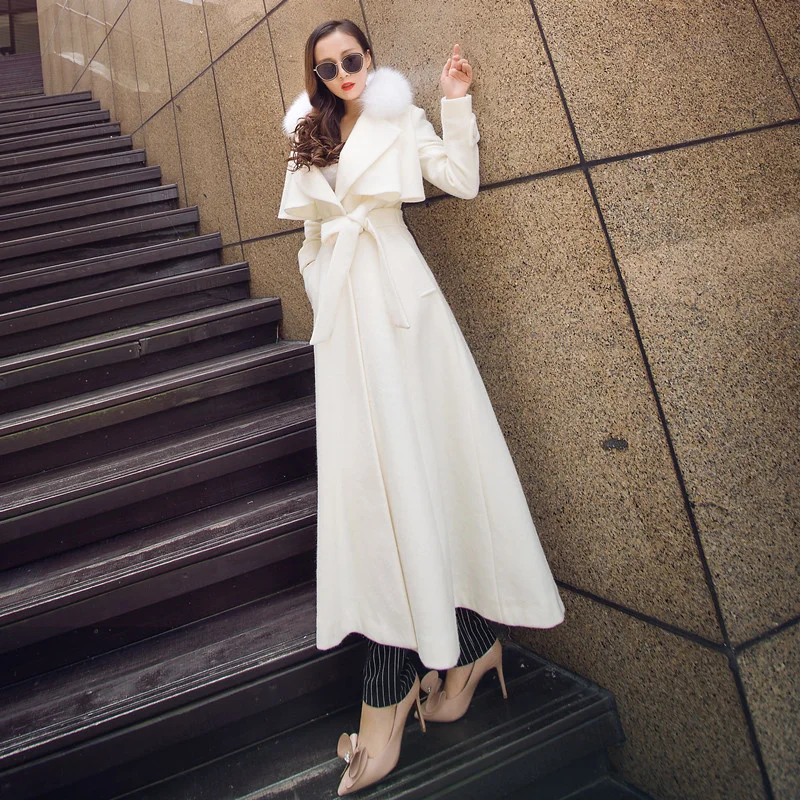 Office Elegant Lady Wool Coat High Street Lengthen Fashion Fox Fur Collar Women Windbreakers Sashes Slim Fit White Long Overcoat