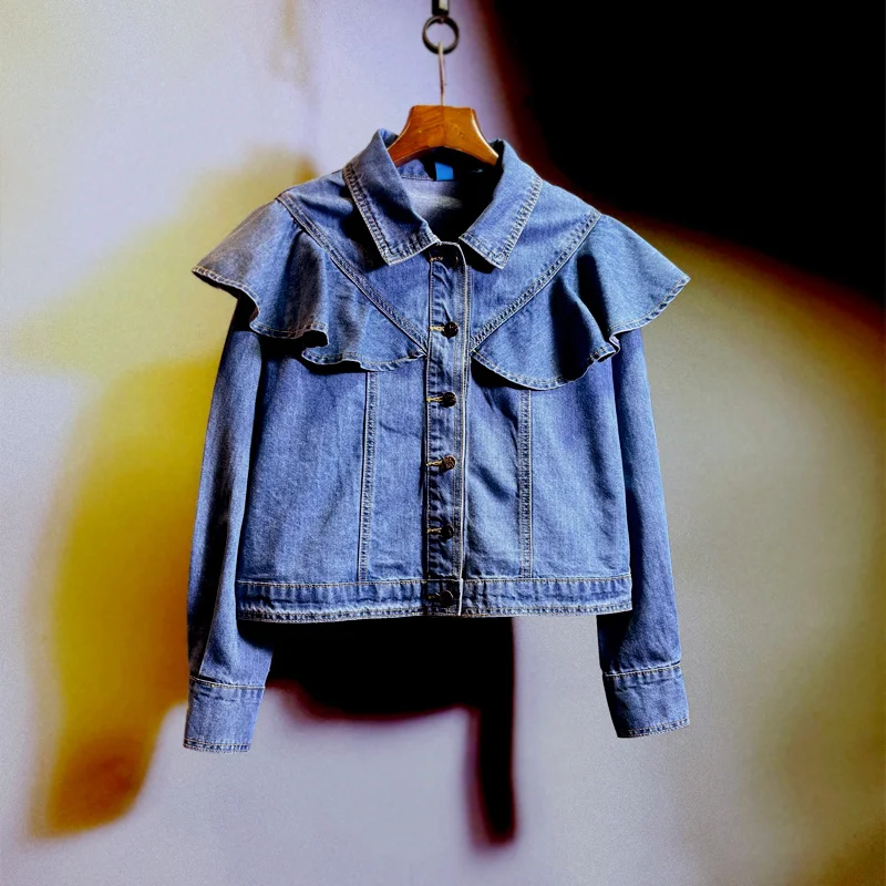 2024 Spring Autumn Women's Denim Jacket Vintage Ruffle Collar Fashion Short Tops Denim Jacket Casual Sweet Blue Jeans Coat Women