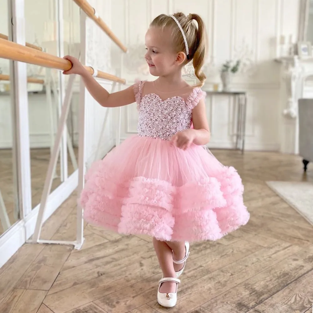 Gardenwed-vestido de princesa rosa para niña, vestido de primera comunión con cuentas de perlas hinchadas, vestidos para niña de flores, vestido bonito para niña, primer vestido