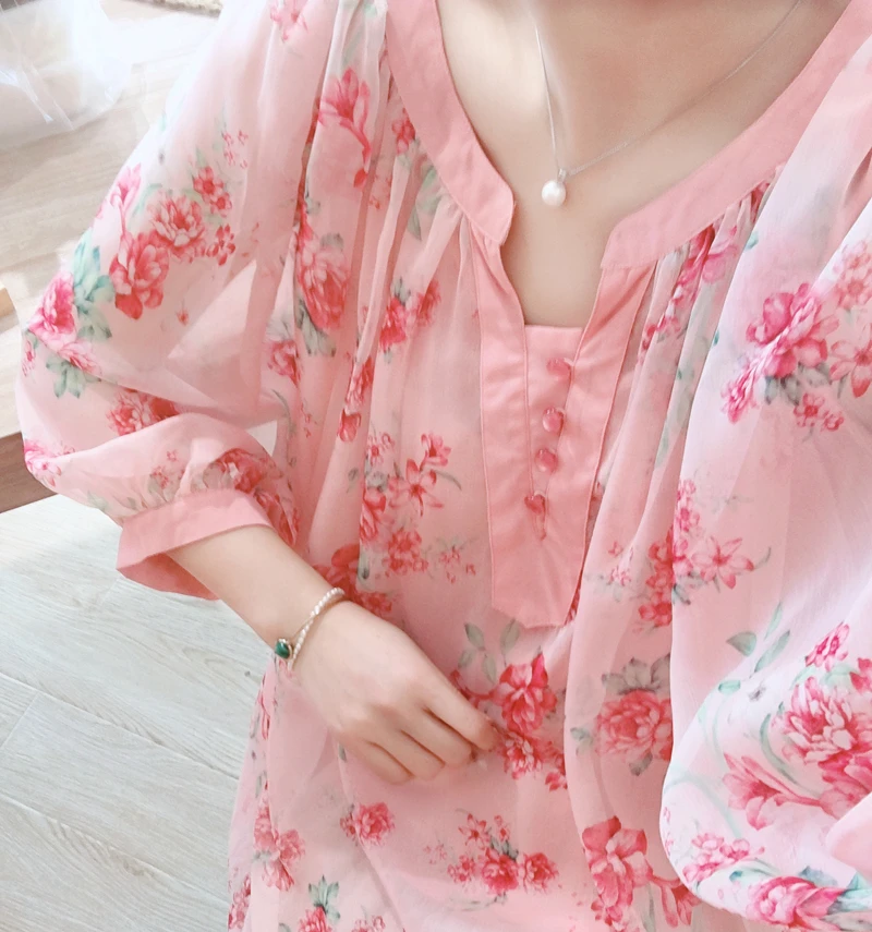 Summer Original Design Women Fresh Sweet Pink Oversized Blouses Lantern Sleeve Floral Print Casual Loose Chiffon Shirts