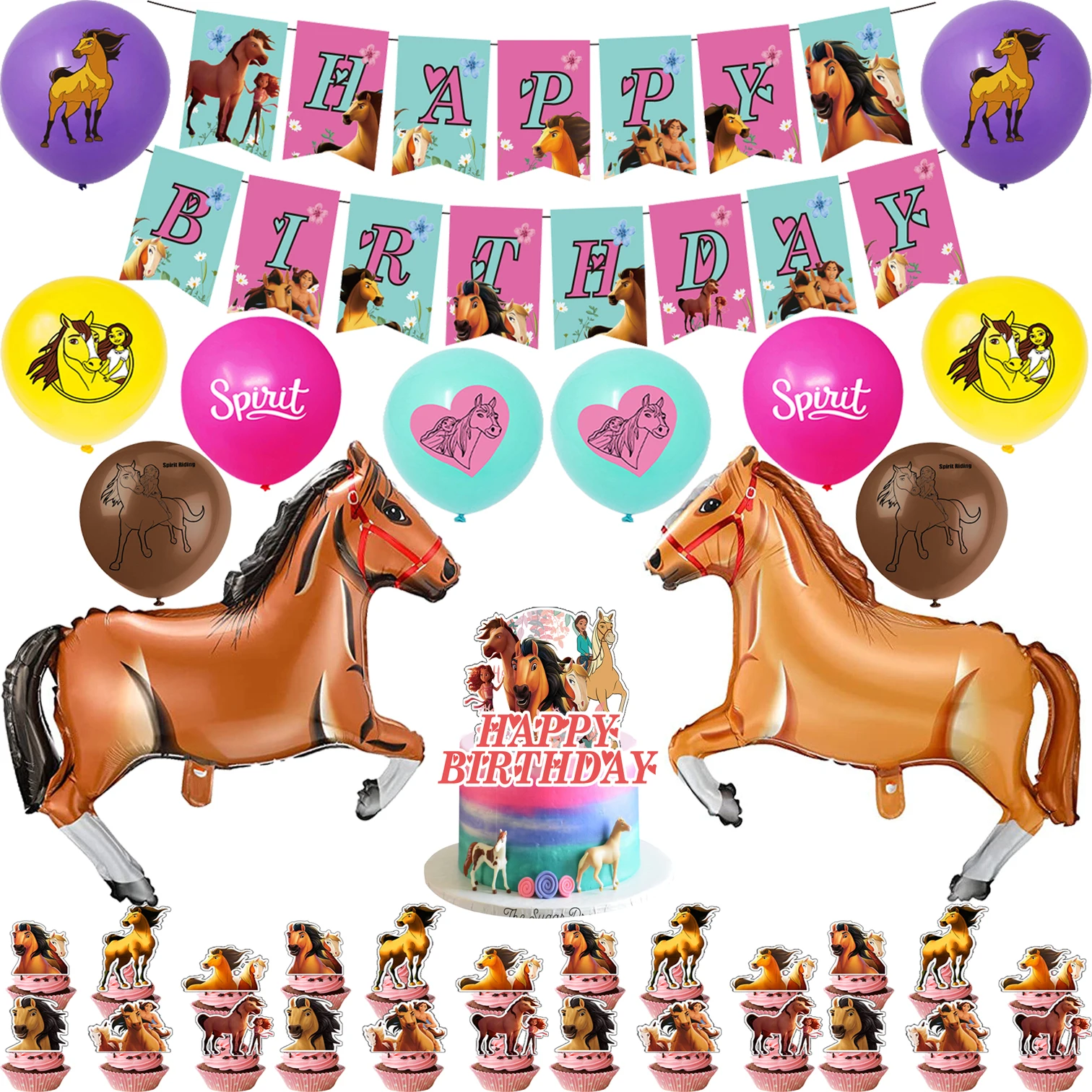 Spirit Riding Horse Balloons Pink Baby Girl Happy Birthday Banner Fre Cartoon Forest Farm Party Supplies Decoration Cake Topper