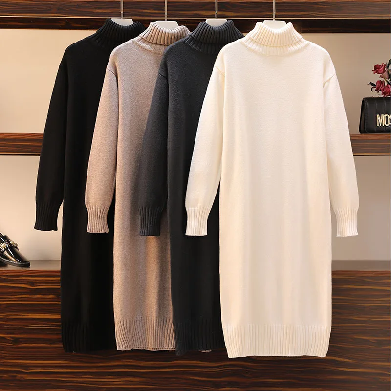 Knitted dress autumn and winter women\'s loose long sweater pullover turtleneck solid casual female