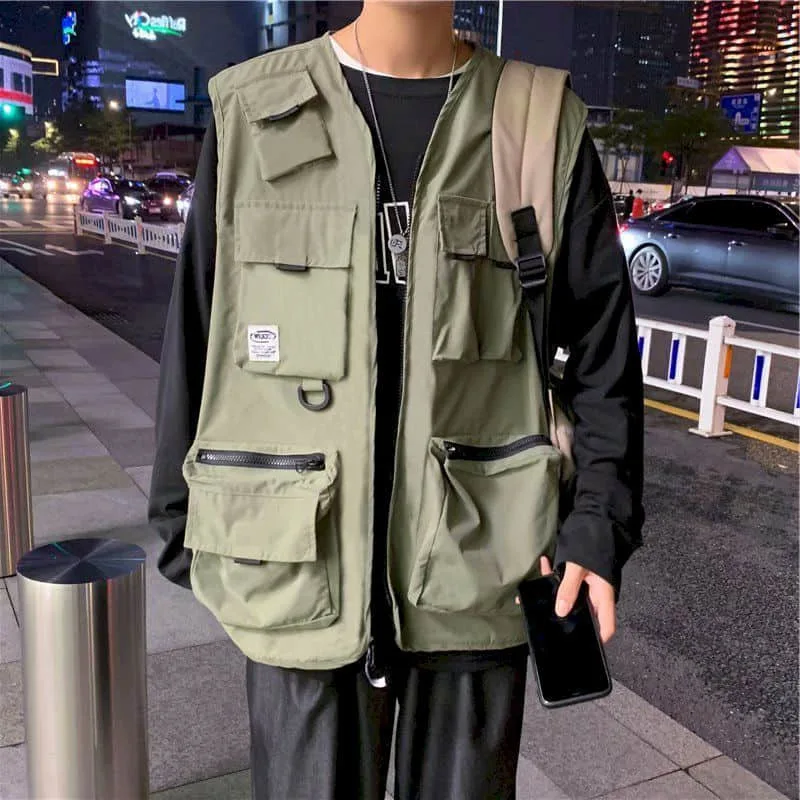 

multi-pocket tooling tactical vest men functional wind sleeveless waistcoat Korean style trendy student versatile jacket