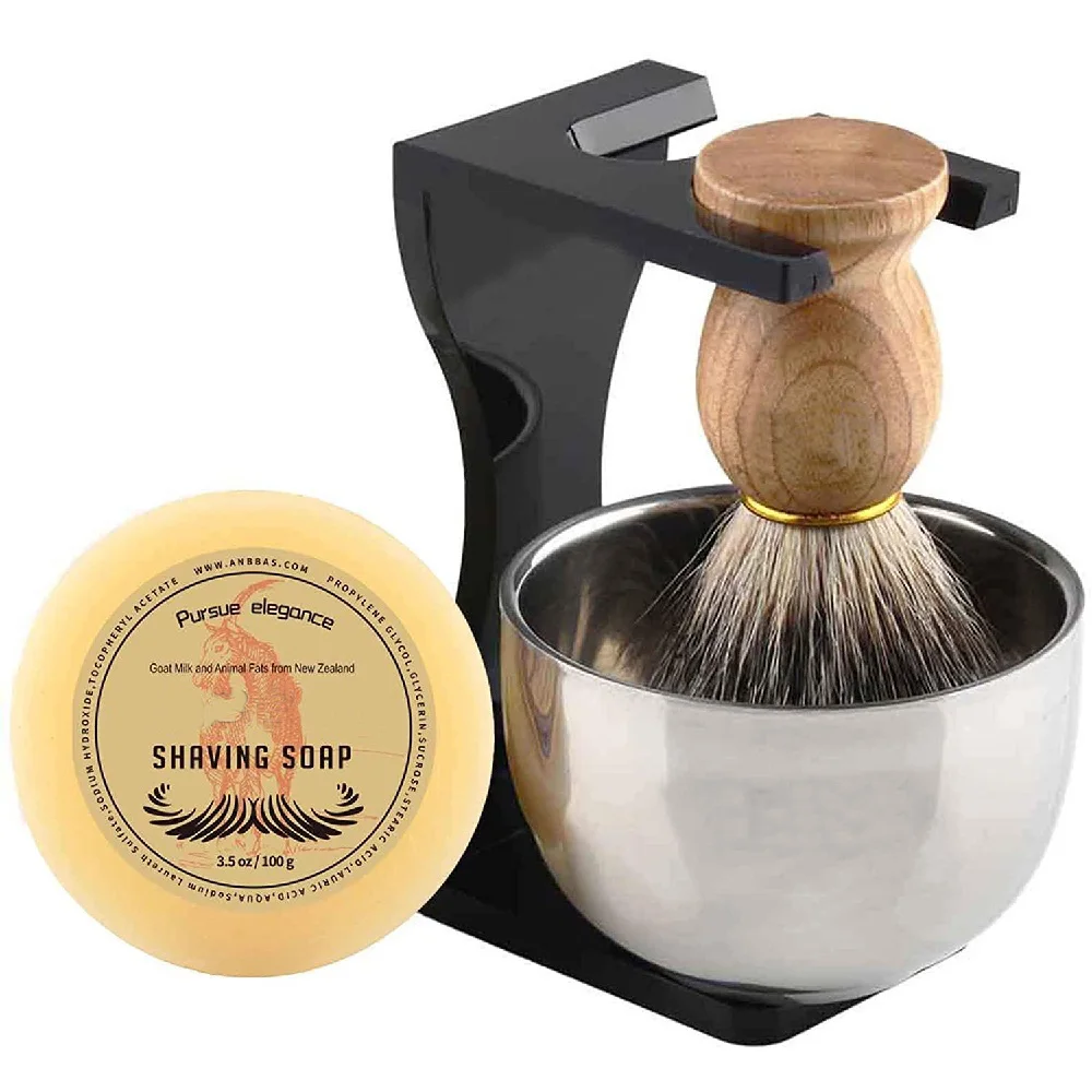 Barber Shaving Brush Pure Badger Hair Wood Handle +Black Acrylic Stand+bowl+Soap Set