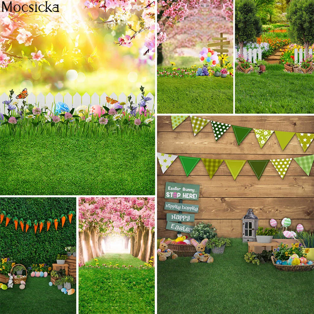 

Spring Photocall Easter Photography Backdrops Bunny Green Lawn Board Flower Eggs Rabbit Child Birthday Portrait Photo Background