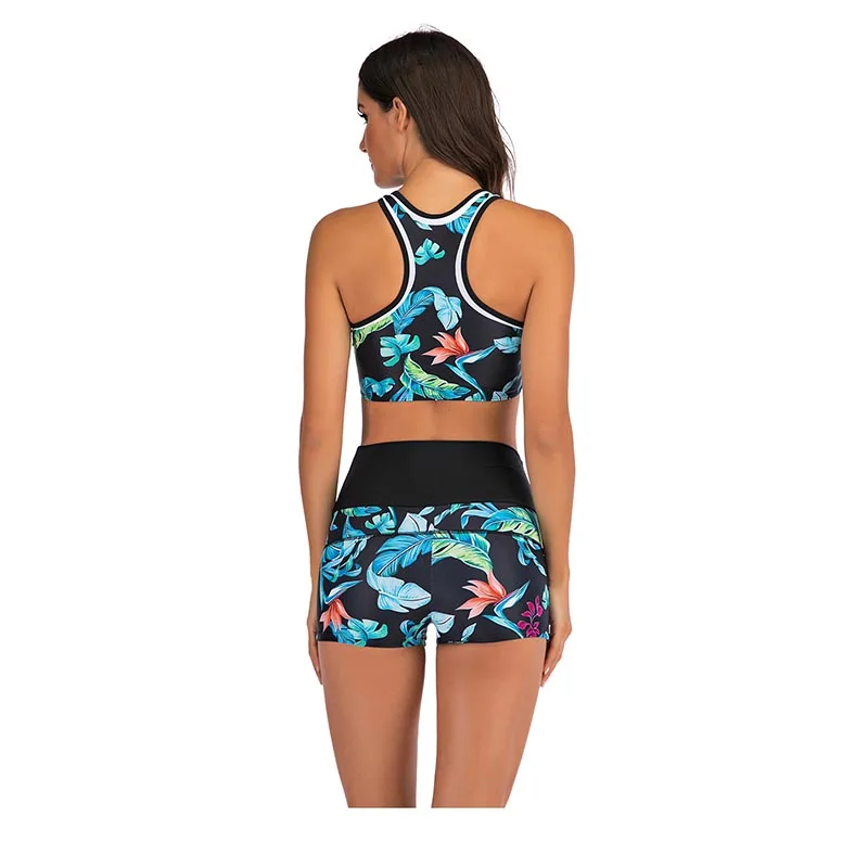 Bikini estampado para Mujer, traje de baño de estilo deportivo, pantalones cortos, de cintura alta Tankini, Top corto, ropa de playa