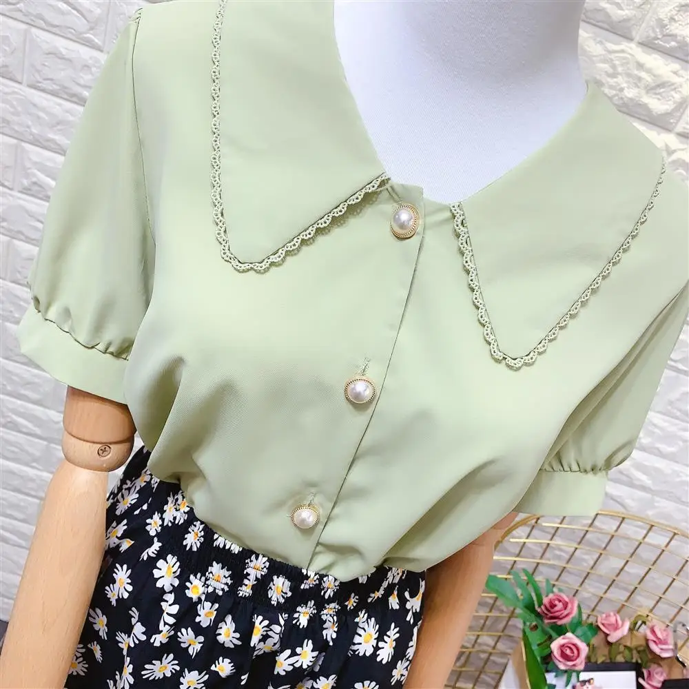 Women's Shirt 2024 New Doll Collar Short-sleeved Chiffon Blouse Summer Sweet Pearl Single-Breasted Shirts Casual Top Clothing