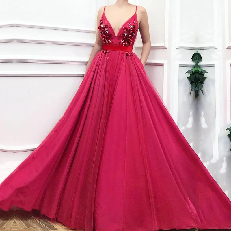 Eightale Red Prom Dresses 2020 Spaghetti Strap Flowers A-Line Girl Party Dress for Graduation Formal Evening Gown abendkleider