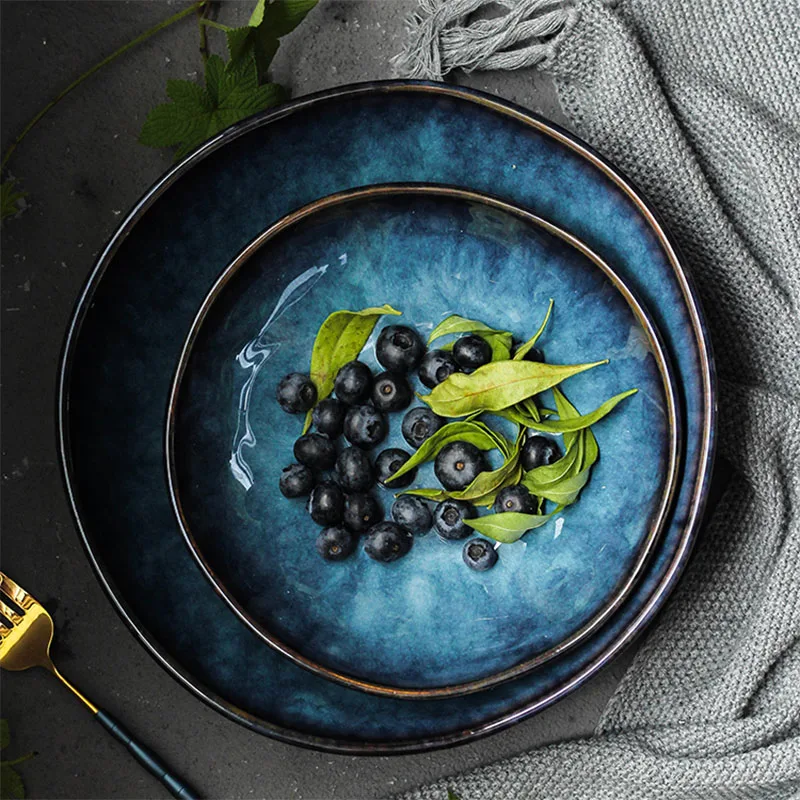 KINGLANG Blue Colored 3 Sizes Ceramic Bowls Nordic Salad Noodle Big Soup Bowl Wholesale Restaurant Tableware Supplies