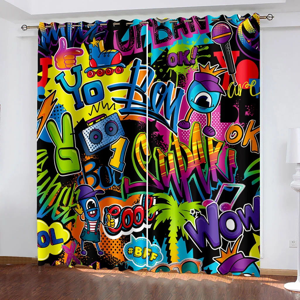 Colorful Graffiti Blackout Curtains for Living Room Drapes Decor Bedroom Darkening Window Curtains Cortinas Para La Sala カーテン