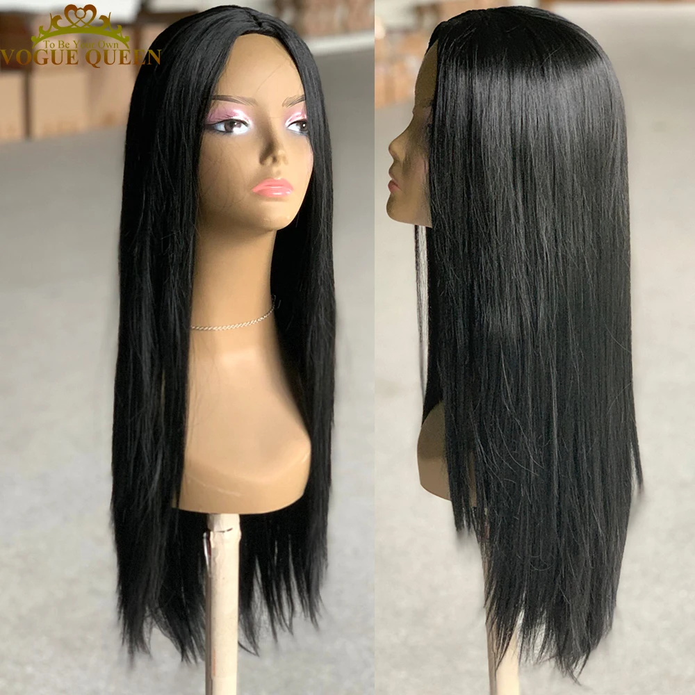 Vogue Queen Black Synthetic Full Machine Made Wig For Women Natural Middle Part Heat Resistant Fiber