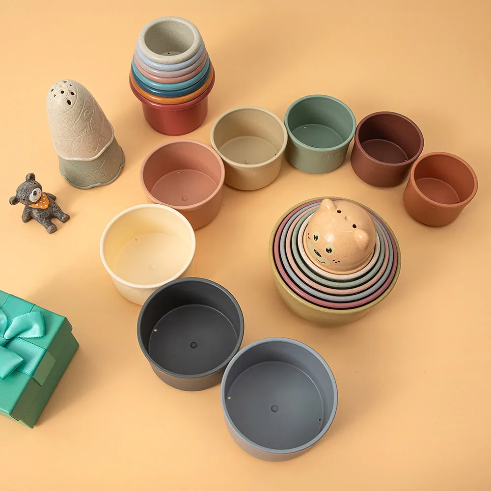 Baby Silikon Stapeln Tasse Bunte Intelligenz Geschenk Klapp Turm Spielzeug Montessori Pädagogisches Spielzeug Säuglingsbad Spielen Wasser Set – Detail 10