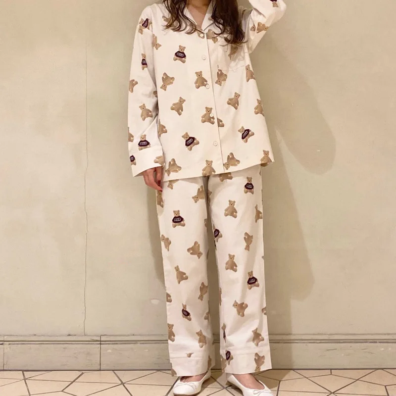 Kuzuwata 2024 New Women Sleepwear Couples Cute Bear Print Home Wear Lapel Long Sleeve Trousers Loose Comfortable Pajamas Suits