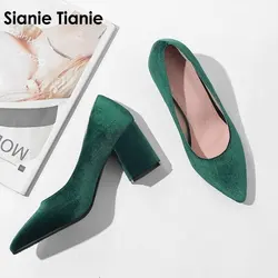 Sianie Tianie velour velvet classic office woman pumps shoes green burgundy black stilettos block high heels women shoes size 43