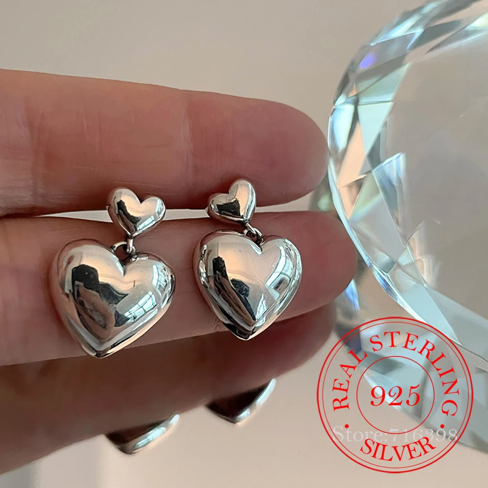 

925 Sterling Silver Big Heart Drop Earrings For Women Girls Simple Temperament Hot Fashion Retro Silver 925 Jewelry