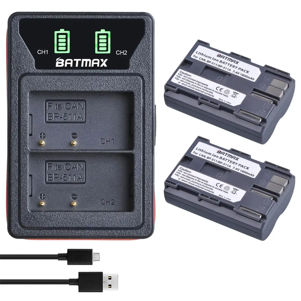 

Аккумуляторная батарея Batmax BP-511 BP 511 BP511 + двойное зарядное устройство USB со светодиодной подсветкой и портом Type-C для Canon 40D 300D 5D 20D 30D 50D 10D G6 L10