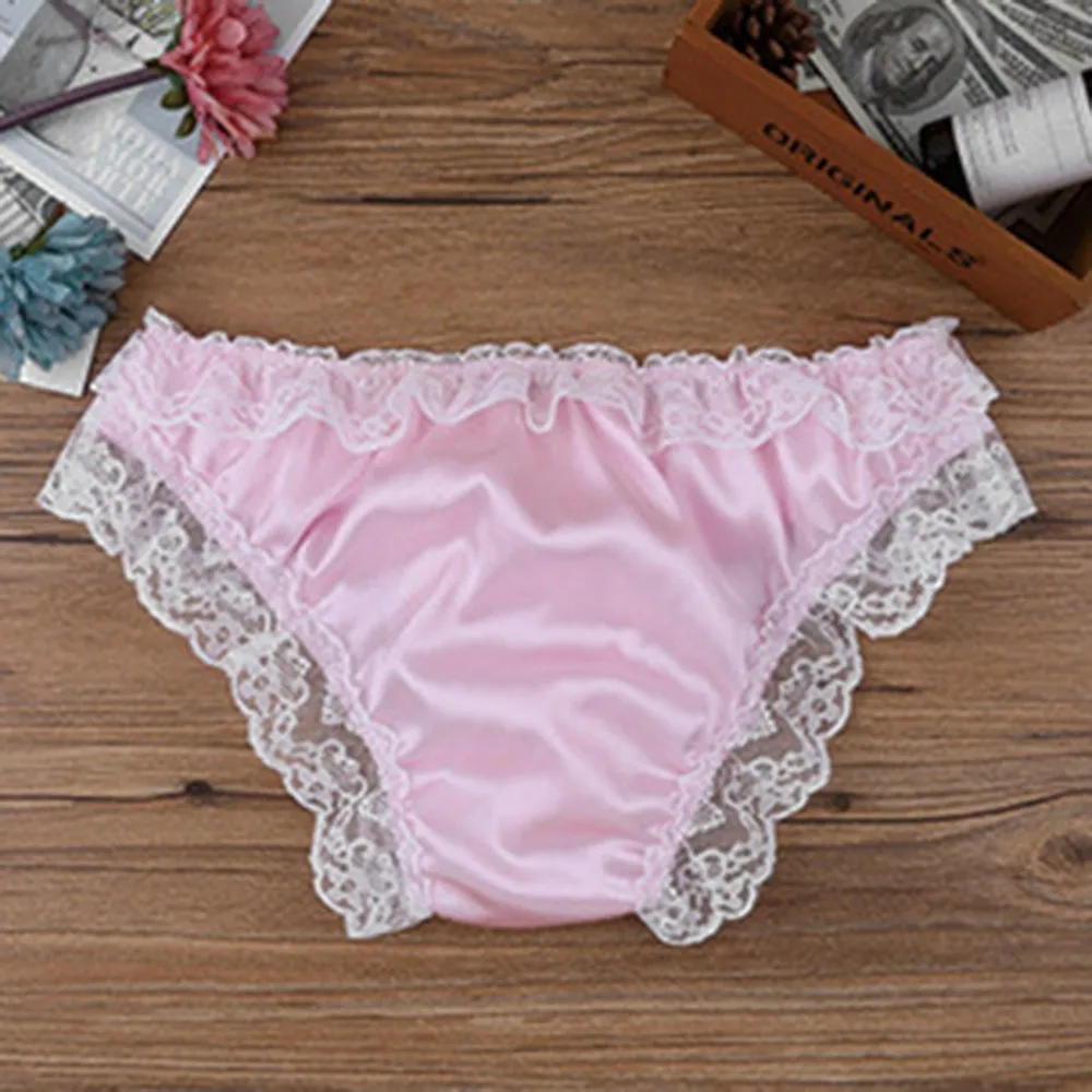 Hot Men Sissy Lace See-through Panties Sexy Satin G-String Thong Briefs Underwear With Penis Sheath Panties Erotic Lingerie