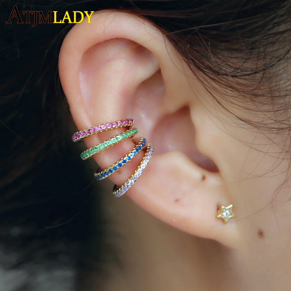 Ear Cuff micro pave cz circle 925 sterling silver mix rainbow CZ earrings no pierced stack small sized little girl earring cuff