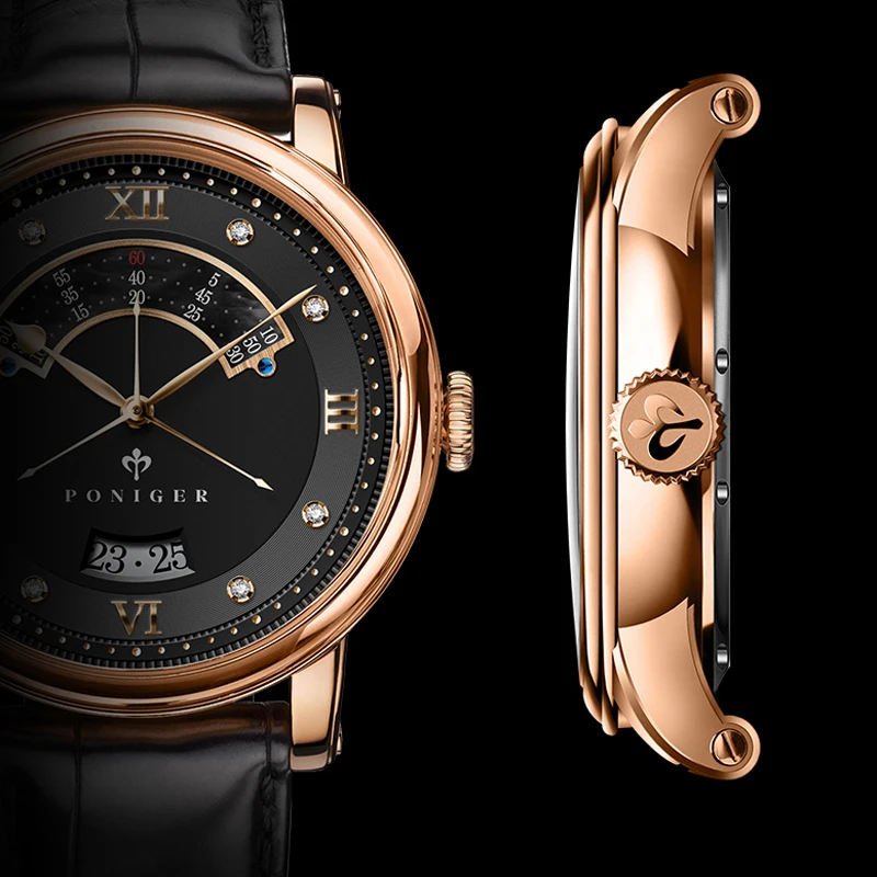 PONIGER العلامة التجارية الفاخرة الرجال ساعة ميوتا حركة الأعمال الذكور ساعة معصم حزام من الجلد الياقوت الزجاج مقاوم للماء 5Bar ساعة