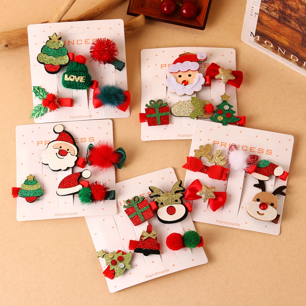 FNIO New 5 Pcs/set Christmas Hair Clip Christmas Tree Santa Claus Hair Band Hairpins Headwear Girl Christmas Hair Accessories