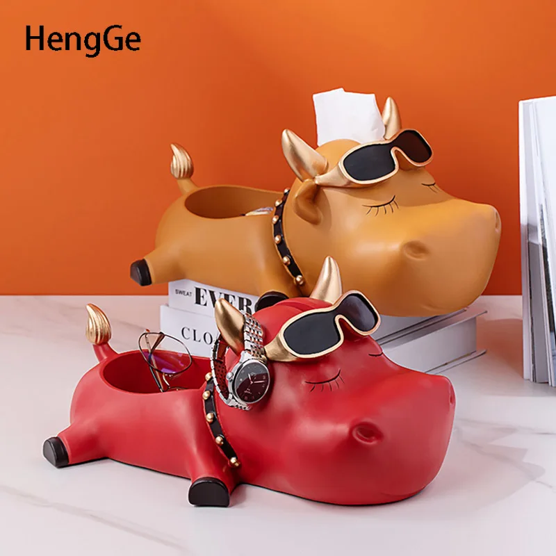 Animal Sculpture Cattle Tissue Box Home Decoration Multifunction Storage Tray Resin Embellishment Living Room Desktop Decoration