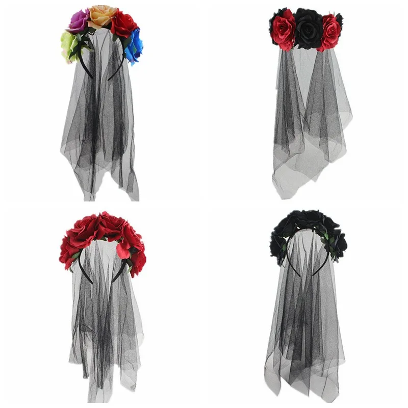 

New Style Black Rose Flower Veil, Head Buckle for Party of the Dead, Halloween Witch Dress Up, Headband, Headdress