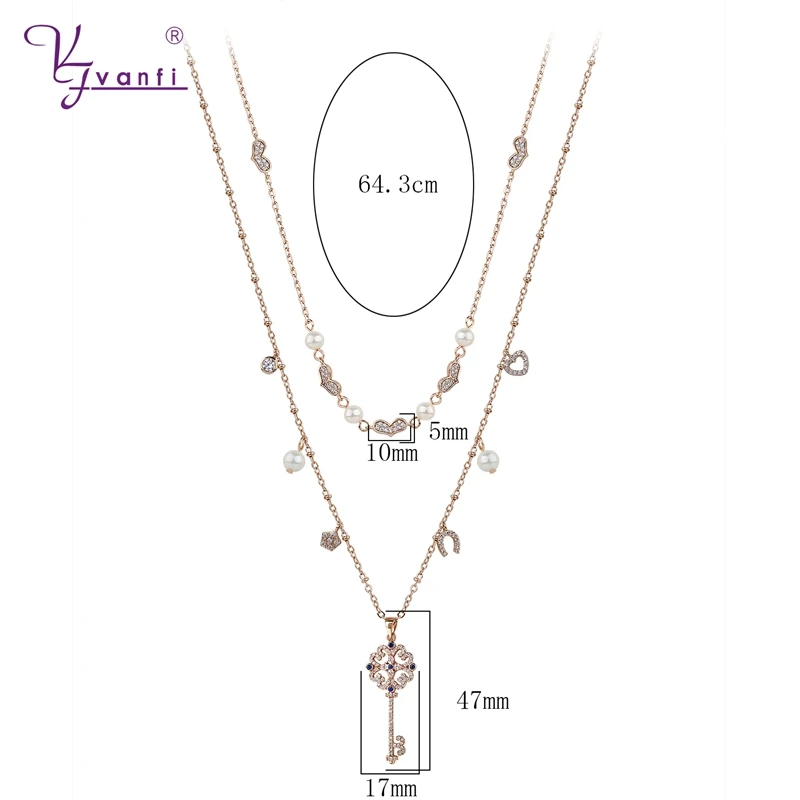 Kfvanfi heart charm long necklace women pearl layered key necklace