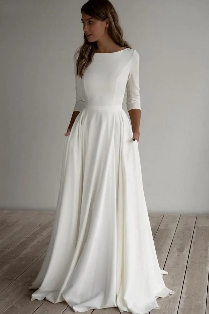 

Simple Satin Wedding Dresses 2024 with Pockets O Neck 3/4 Sleeves Bridal Gowns Vestido De Noiva Mariage Sweep Train