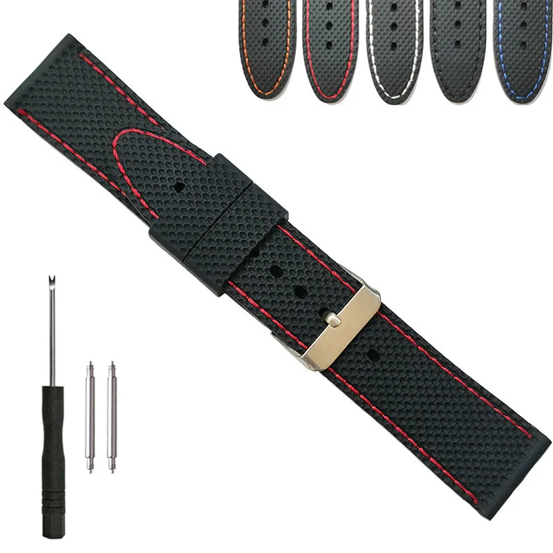 18mm 20mm 22mm 24mm Stitching Silicone Rubber Watch Band Soft Black Contrast Stitched Strap for Fashion Casual Watches