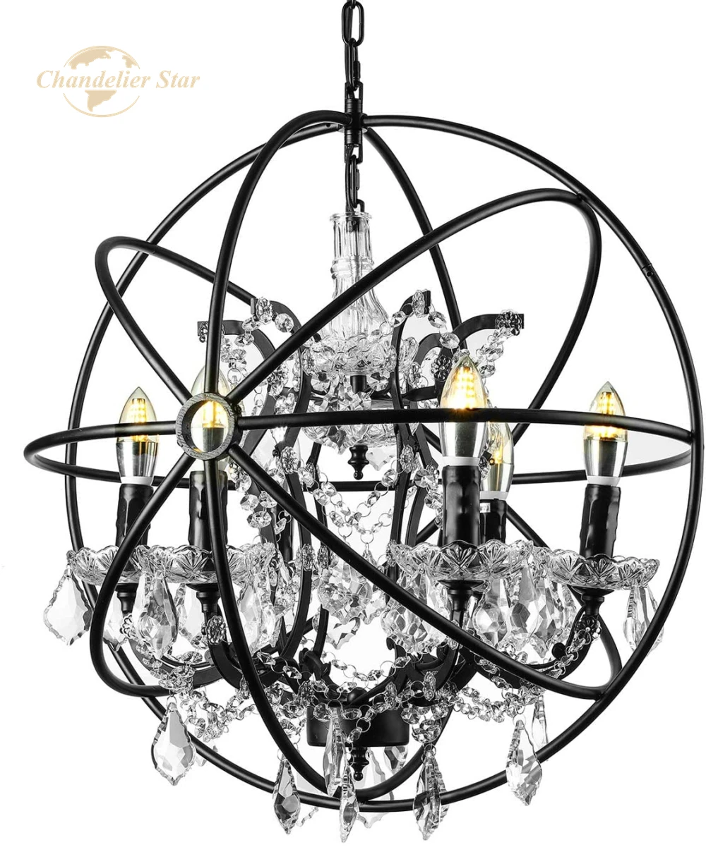 Vintage Orb LED Chandeliers Modern Rustic Black Metal Clear Crystal Candle Lamps Bedroom Living Room Kitchen Island Light Decor