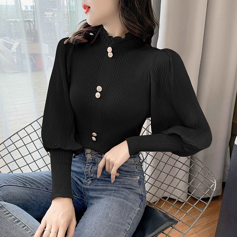 Patched Full Chiffon Lantern Sleeve Knitted Sweaters Jumpers Crop Tops Girls Turtleneck Solid Buttons Sweater Pullovers Women