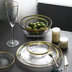 Clear Glass Gold Stroke Tableware Charger Plate Transparent Glass Dinner Cake Food Dessert Plate Bowl Set Table