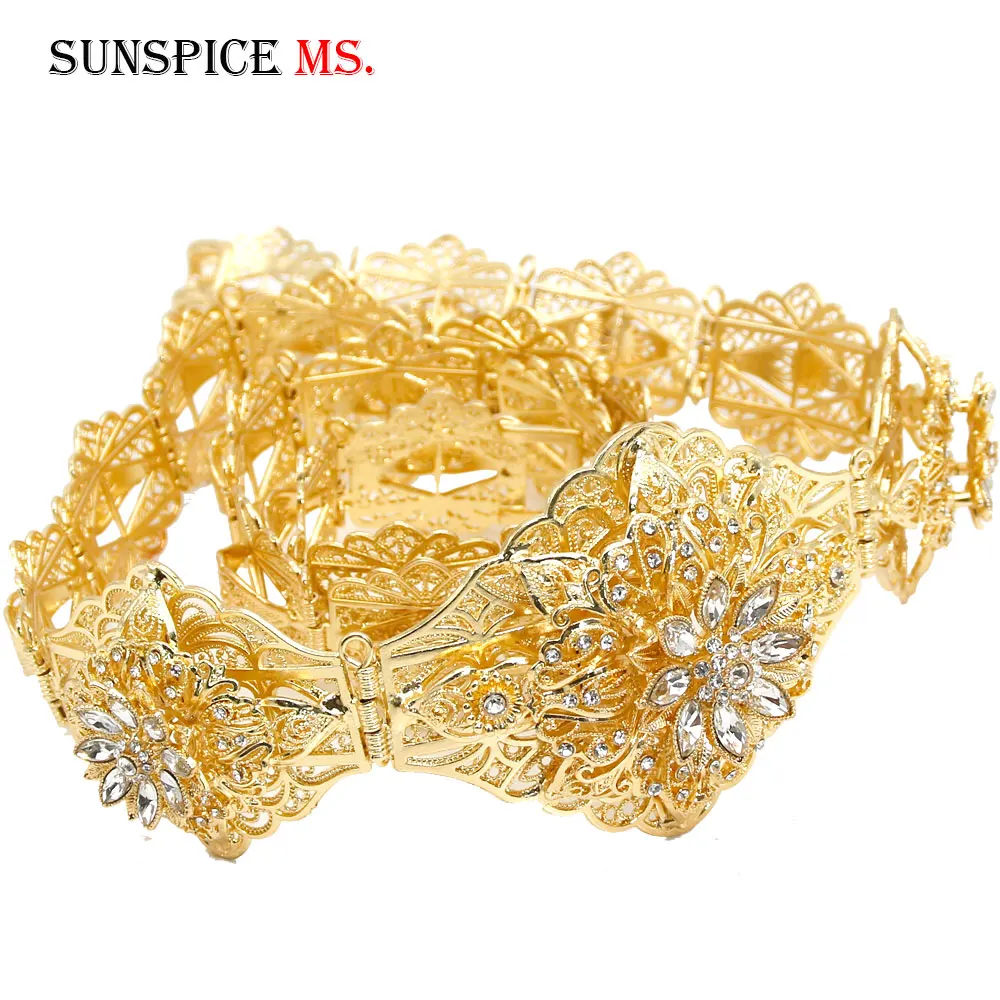 SUNSPICE-MS Morocco Flower Caftan Belt Women Wedding Body Jewelry Gold Silver Color Crystal Metal Waist Chain DuBai Bridal Gift