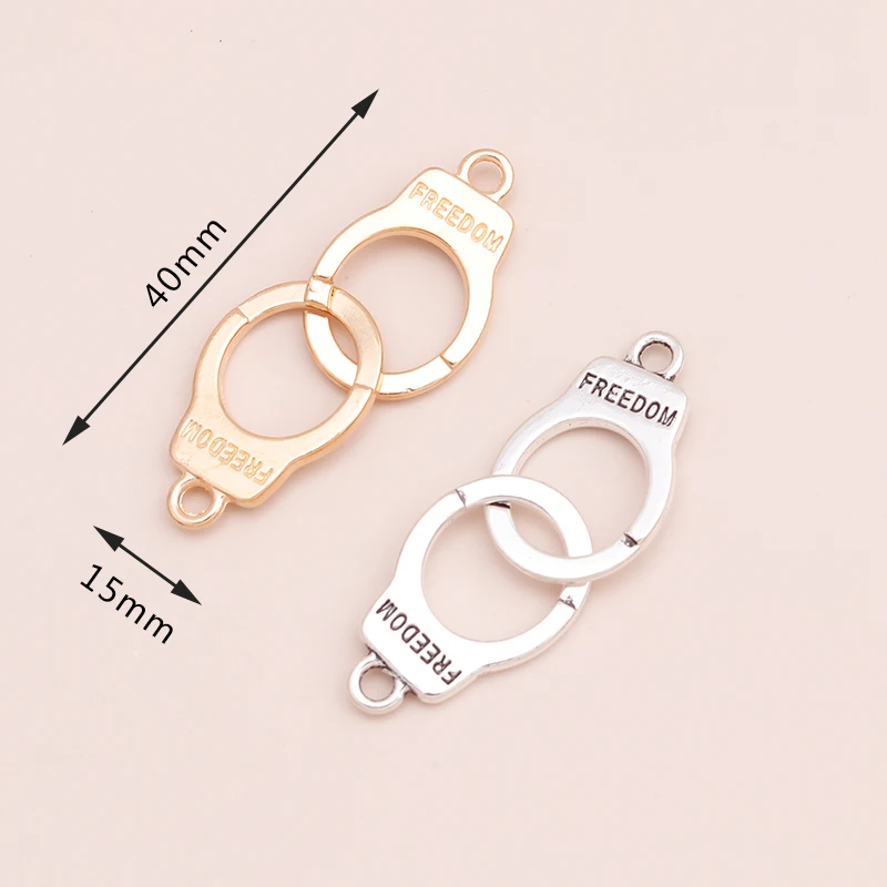 Leslie 10pcs Gold Silver Color Carved Letters Freedom Handcuffs Charms Pendants Connector for DIY Making Bracelets Necklaces