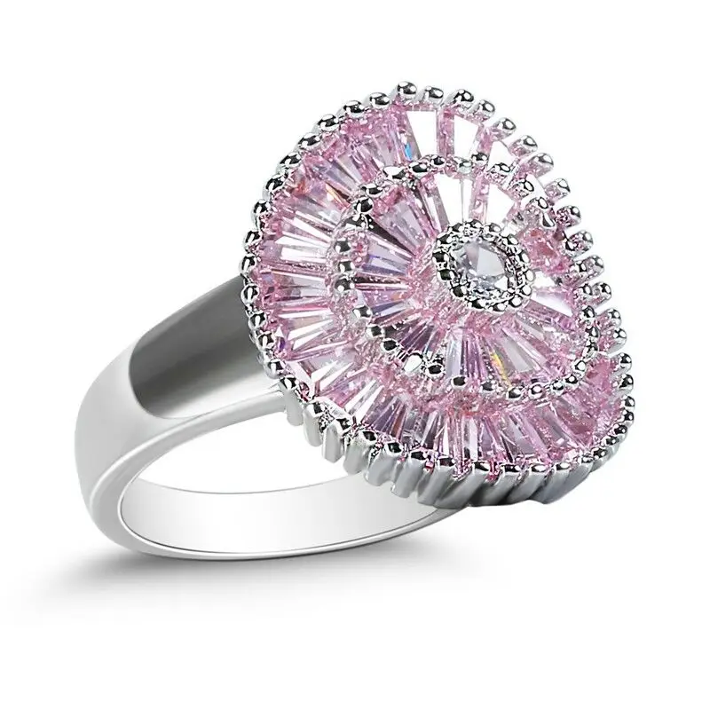 CiNily Firework Pink & Purple CZ Crystal Filled Rings Silver Plated String Of Beads Round Finger Ring Luxury Large Party Jewelry