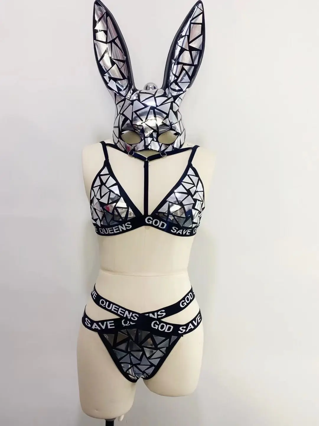 Sexy Silver Rabbit mask mirror bikini sexy club dancer wear Nightclub show singer dance Costume