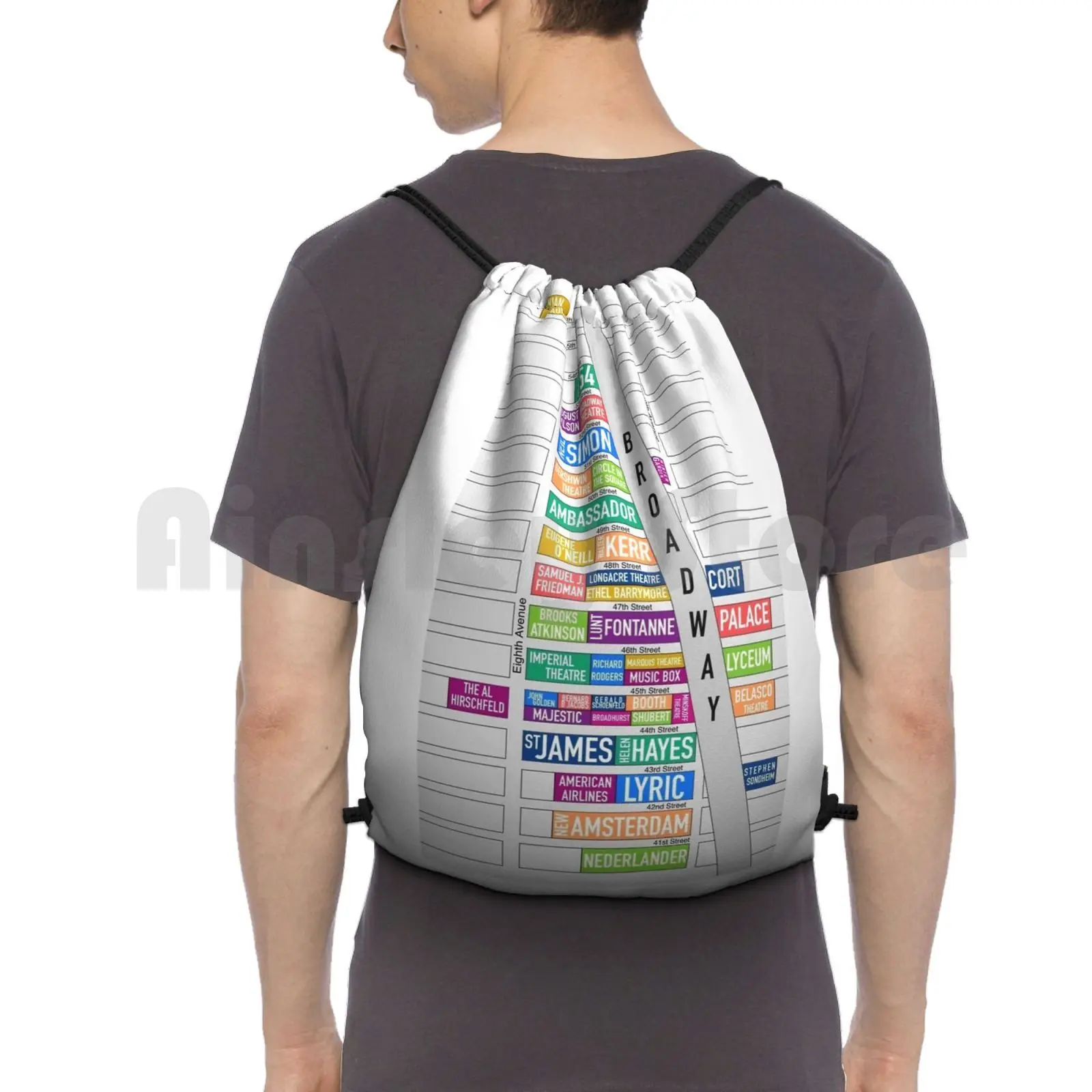 Broadway Theaters Map-New York City ( Straight ) Backpack Drawstring Bag Riding Climbing Gym Bag Broadway Theater Theatre