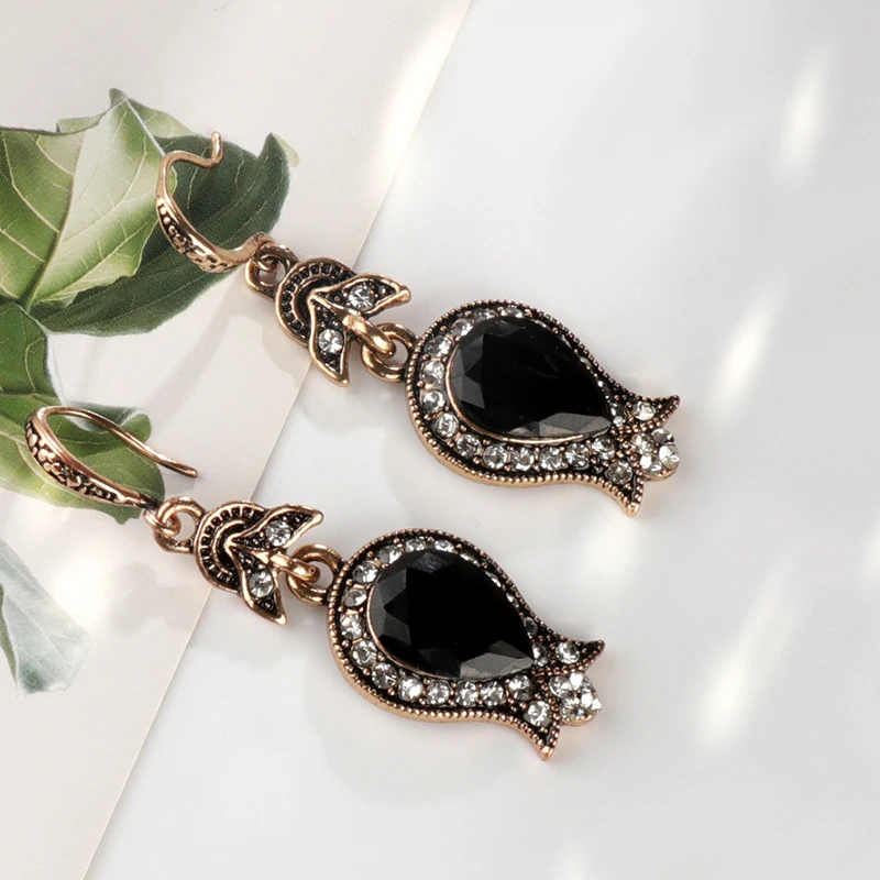 Wbmqda Black Stone Drop Earrings For Women Antique Gold Water Drop Crystal Wedding Earrings Vintage Jewelry Christmas Gifts