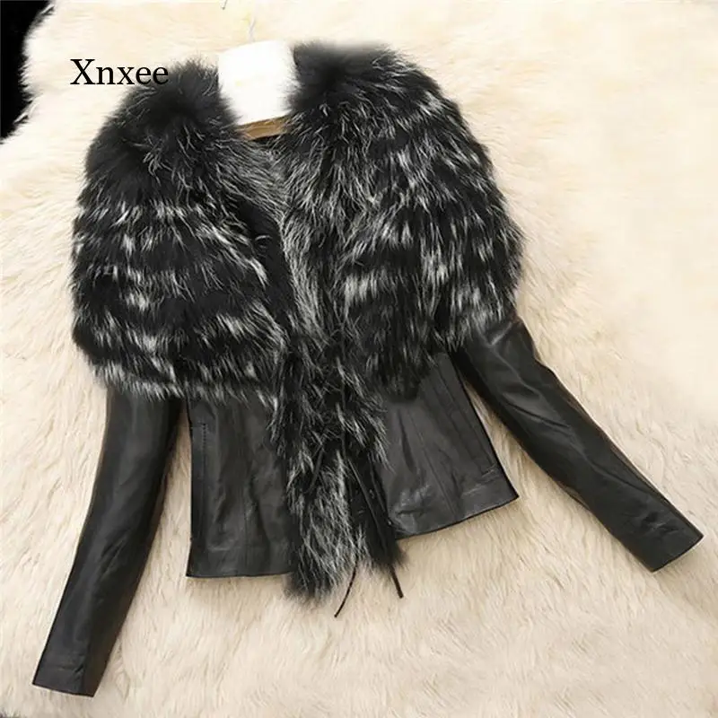 

Pu Leather Patchwork Autumn Women Crop Jacket Winter Clothes Slim Faux Raccoon Fur Jackets Woman Fashion Punk Coats