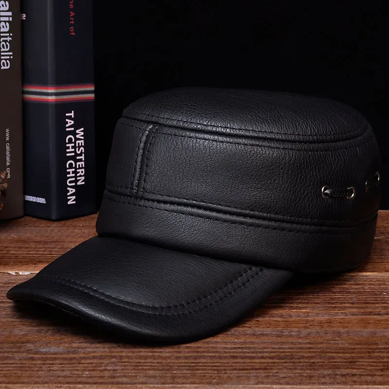 HL081 Brand New Winter Warm Real Cow Leather Caps Men\'s Genuine Leather Baseball Hat