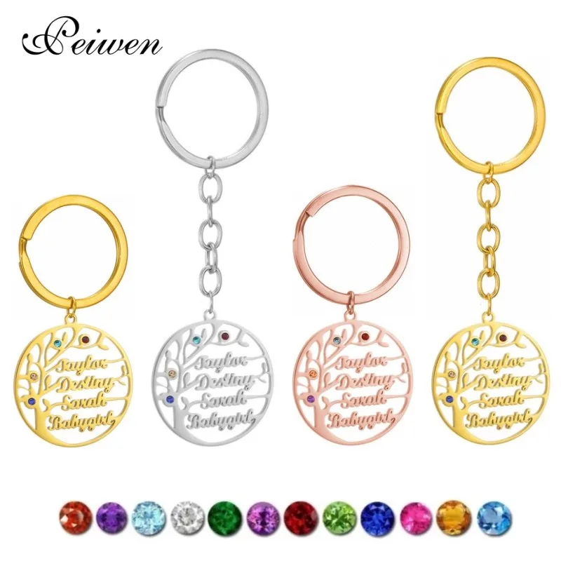 Personalized Custom Name Keychain With Birth Stone Stainless Steel Gold Tree Of Life Key Ring Women Men Key Chain Jewelry Gift