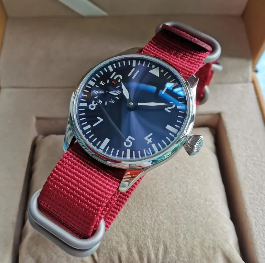 GEERVO No logo 44mm stile pilota meccanico vento a mano orologio da uomo stile retrò quadrante blu linee di raggi del sole fascia rossa luminosa