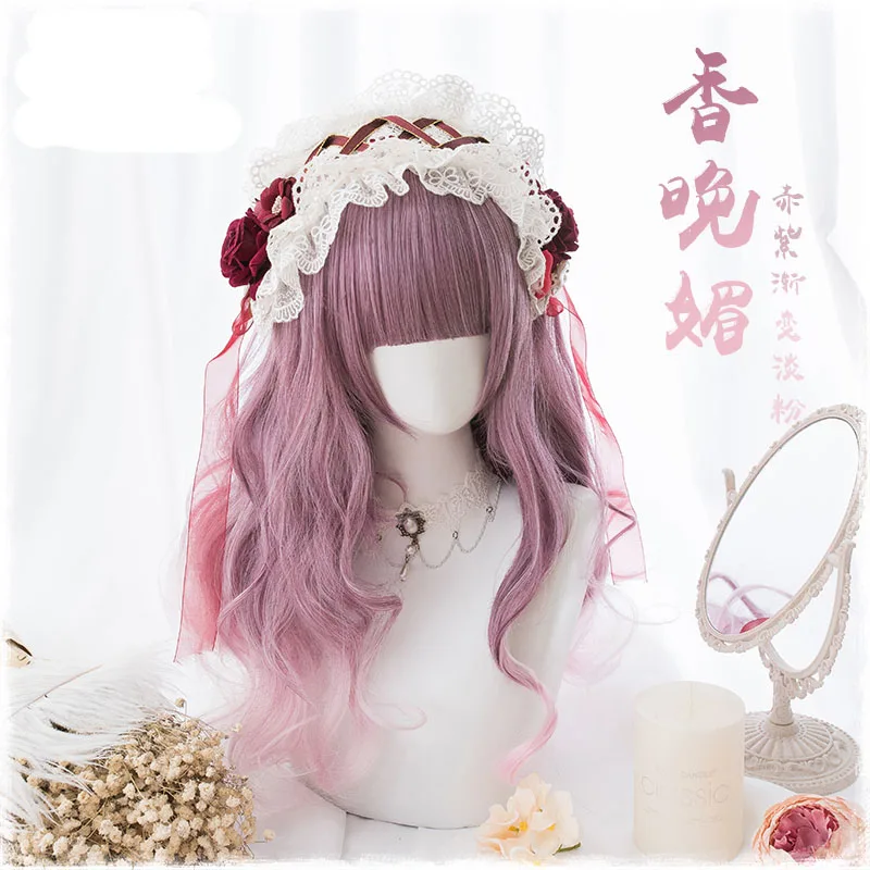 Parrucca donna Lolita 60cm capelli sintetici ricci lunghi cosplay principessa ragazza viola Ombre rosa Costume parrucche + cappellino parrucca