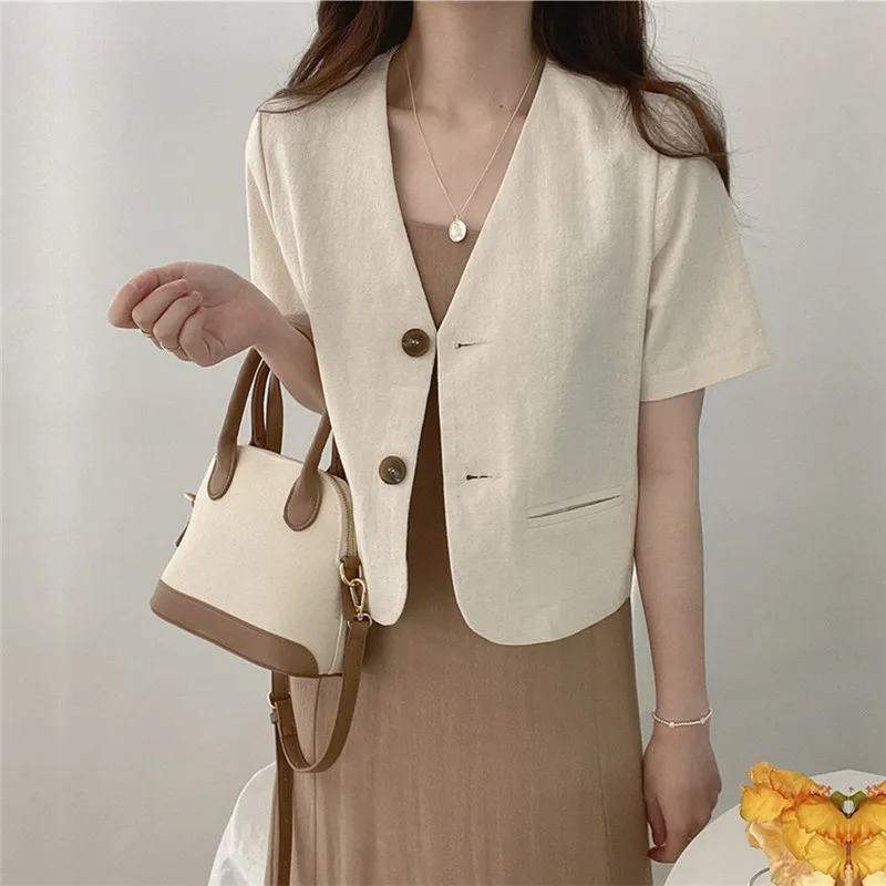 Korean Fashion Cotton Linen Short Jacket Women V-Neck Short Sleeve Office Ladies Blazer Korean Fashion Buttons Suit Jacket 2025